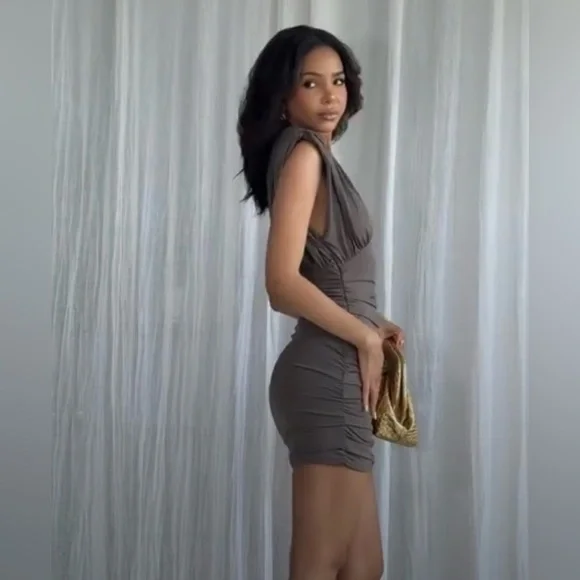 Zara NWT Khaki Olive Green Plunge Neck Ruched Shoulder Pad Mini Dress (Small) - Picture 4 of 12